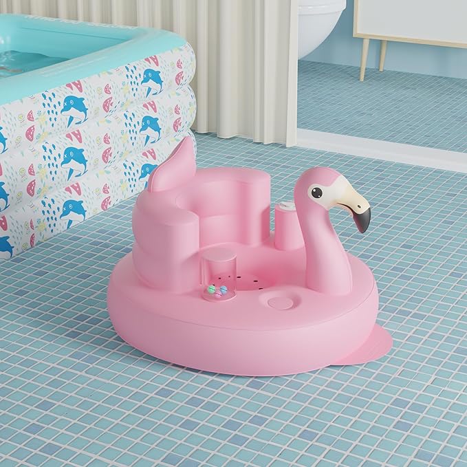 Baby Seat Inflatable Infant Floor Seat Toddler Chair Support Sitting Up Built in Air Pump with Tinkling Bells for 5-36 Months Home and Travel (Pink)