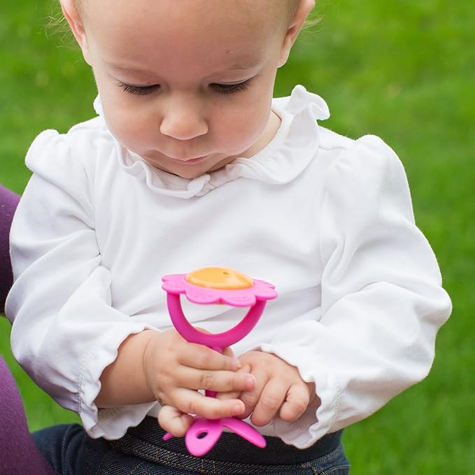 Innobaby Original Teethin' Smart EZ Grip Flower Teether Rattle and Sensory Toy for Babies and Toddlers (2 Pack Green/Pink). BPA Free Teether