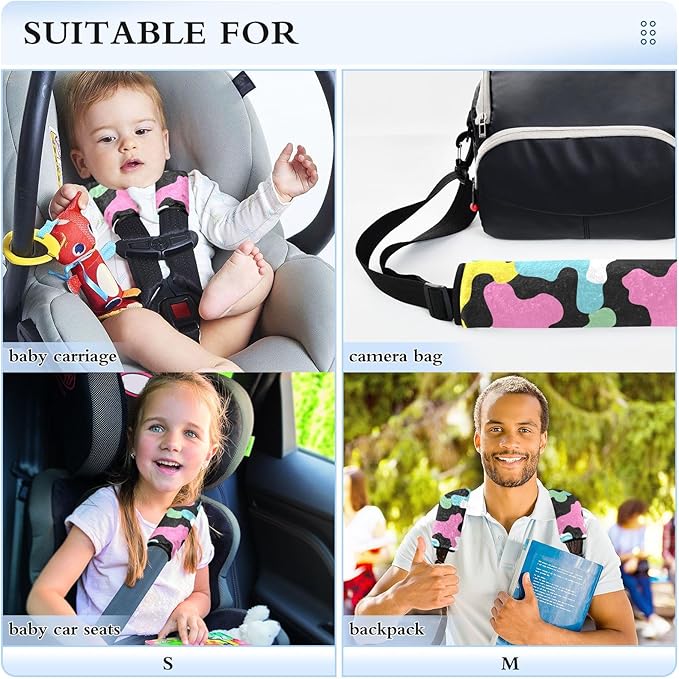2 Pack Seatbelt Covers Seat Belt Cover Pad for Adults Boys Girls Car Seat Strap Covers Pads Cushion Universal Shoulder Strap Pad Protector for Backpack Camera Bag 10x7.7Inch Colorful Cow Print Black