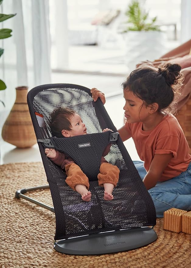 BabyBjörn Bouncer Bliss, Anthracite, Mesh | 2-in-1 Adjustable Baby Bouncer Seat and Toddler Chair, Newborn to Toddler (8-29 lbs), 4 positions, Lightweight & Portable