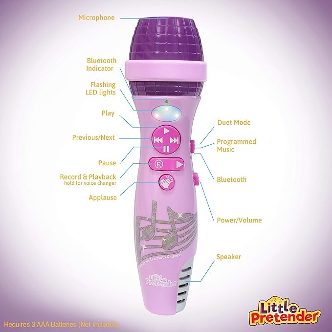 Little Pretender Kids Karaoke Microphone, Voice Changer Toys with 15 Pre-Installed Nursery Rhymes for Toddlers & Kid Age 3-5, Bluetooth Microphones for Singing, Microphone for Ages 3 4 5 6+ Years Old