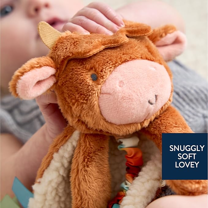 Itzy Ritzy - Itzy Lovey Including Teether - Baby Lovey with Teether, Textured Ribbons & Dangle Arms - Features Crinkle Sound, Sherpa Fabric and Minky Plush (Highland Cow)