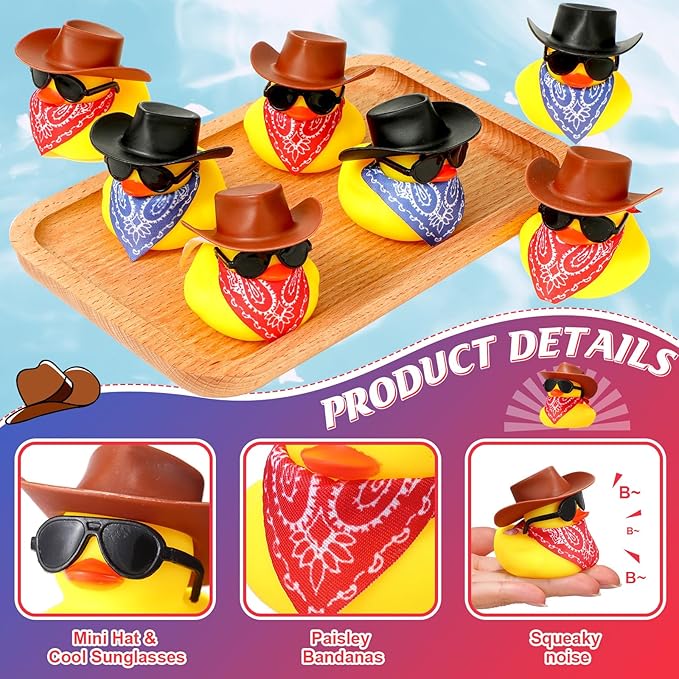 Sosation 36 Set Cowboy Rubber Duck Mini Yellow Duckies Bath Toy Tiny Ducks Bathtub Toy with Cowboy Hat Paisley Bandanas Sunglasses Dashboard Decor for Summer Baby Shower Birthday Party(Vintage Style)