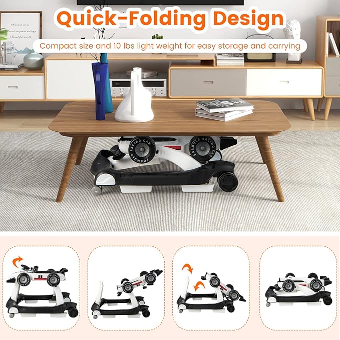 HOMGX Baby Walker with Wheels, Convertible Baby Push Walker & Race Car Mode, Infant Activity Center with Music Box, 3 Heights & 2 Speeds, Foldable Walkers for 6-18 Months (White)