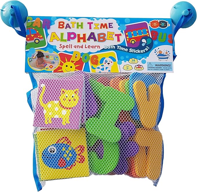 Buddy & Barney Bath Toy Stickers - Bath Alphabets and Animals Learning Stickers for Kids | 38 Pieces Spell & Learn Foam Bath Toys with Storage Bag for Kids with Mesh Storage Bag