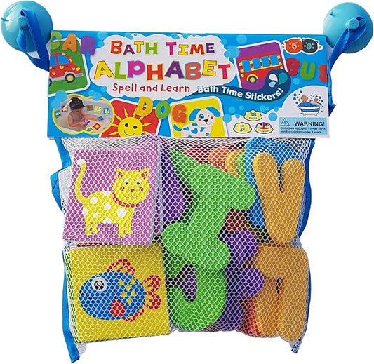 Buddy & Barney Bath Toy Stickers - Bath Alphabets and Animals Learning Stickers for Kids | 38 Pieces Spell & Learn Foam Bath Toys with Storage Bag for Kids with Mesh Storage Bag
