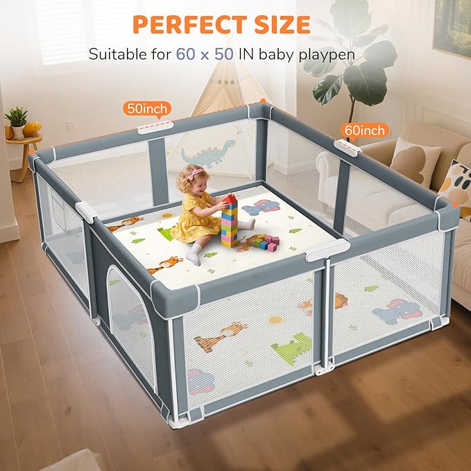 Omzer Baby Play Mat for Floor - 1.3" Thick Foam 65x50 Inch Playpen Mats with Removable & Washable Cover for Tummy Time, Soft Coral Velvet & Non-Slip Crawling Pad for Babies, Toddlers, Infants - Beige