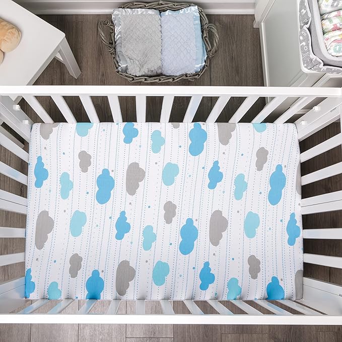 EVERYDAY KIDS 2 Pack n Play Mattress Sheets – 100% Jersey Knit Cotton Soft Portable Crib for Boys with Blue Gray Celestial Star and Cloud Designs; Pk Playpen or Mini Fitted Sheet Set Stars/Clouds