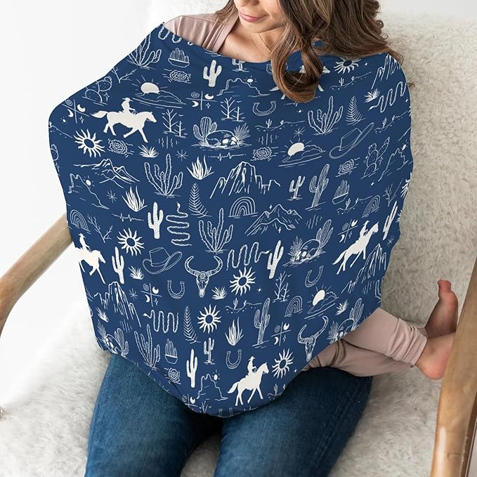 Western Cowboy Car Seat Cover for Babies Wild West Cactus Mountain Snake Cattle Skull Sun Stretchy 5-in-1 Covers Adjustable Car Canopy Breastfeeding Cover Desert Adventure Breathable Nursing Cover-Up