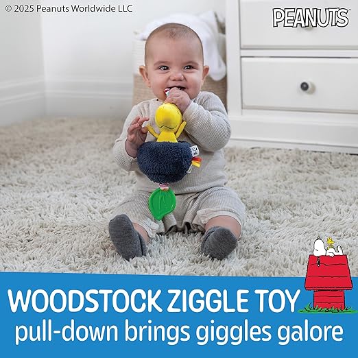 Kids Preferred Peanuts Charlie Brown Snoopy and Woodstock Baby Pulldown Sensory Toy for Kids & Toddlers with Teether Rattle & Stroller Car Seat Loop