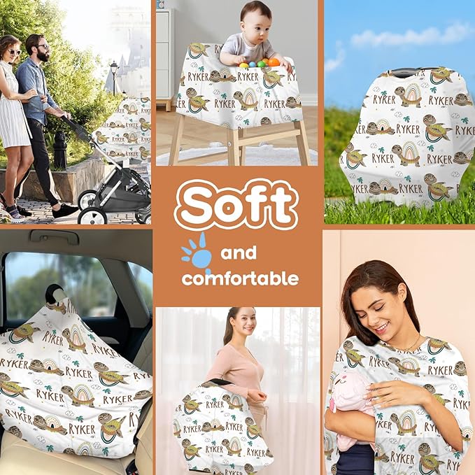 Personalized Baby Car Seat Cover Stroller Canopy: Custom Name Newborn Baby Boy Girl Elastic Turtle Nursing Cover for Moms First Birthday Gift Green(one Size)