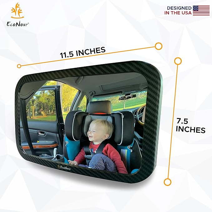 EcoNour Baby Car Mirror - 11.5 x 7.5 inches Safety Seat Mirror for Rear Facing Infant with 360 Degree Rotatable Shatterproof Design - Monitor Your Child While Driving