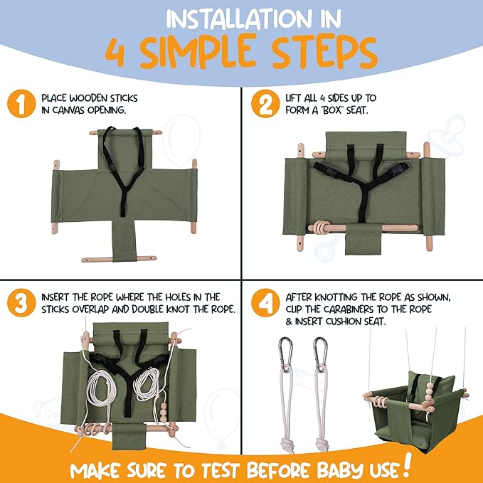 Indoor Outdoor Baby Swing with 3-Point Harness and Hardware for Ceiling, Porch, Doorway, Canvas Toddler Swing Seat Green