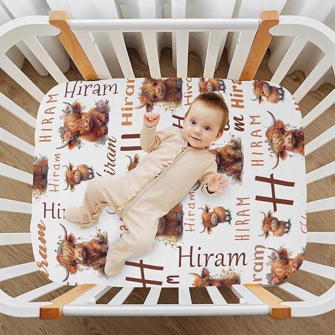 Personalized Name Pack and Play Sheets for Baby Boy Girl, Customized Pack n Play Sheets with Name, Custom Stretchy Mini Crib Mattress Fitted Sheets, Playard Playpen Sheet, Highland Cow Cattle