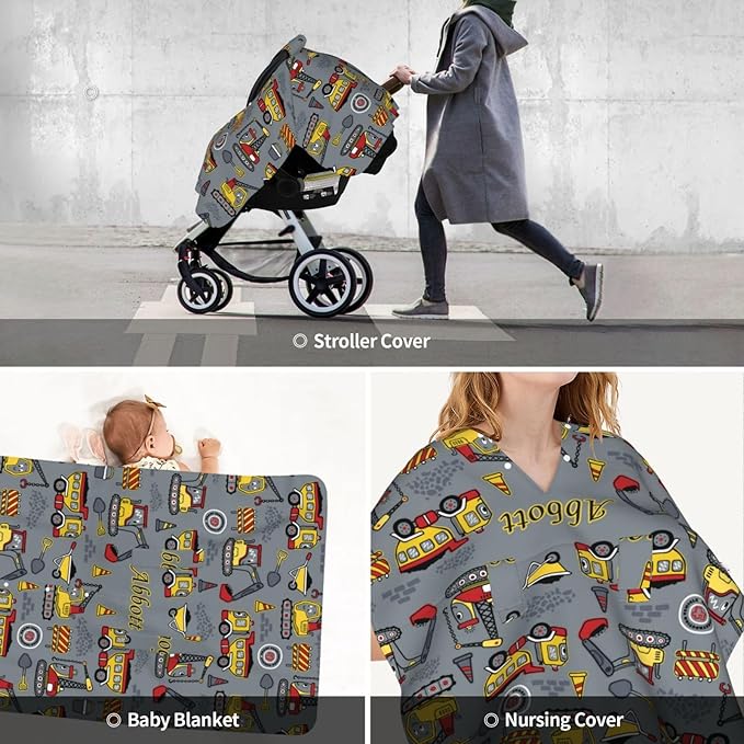 Personalized Baby Car Seat Canopy for Babies with Name, Custom Construction Stroller Car Seat Covers for Boys Girls, Nursing Carseat Cover for Breastfeeding, Car Seat Canopies for Infant Newborn