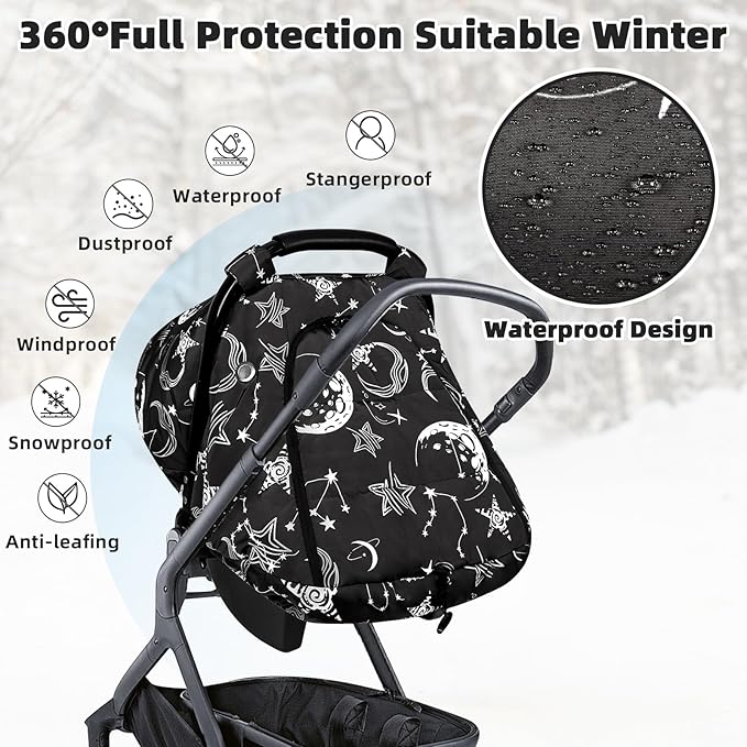 Winter Car Seat Cover Baby, GFU Warm Carseat Cover for Babies, Universal Infant Car Seat Canopy Waterproof, Cold Weather Shield Coats Black Star