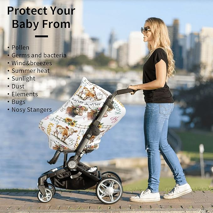 Personalized Cow Baby Car Seat Cover with Name,Multi-Use Canopy for Nursing, Strollers,Shopping Carts,Customized Breastfeeding Cover, Full Privacy,Infant Stroller Cover