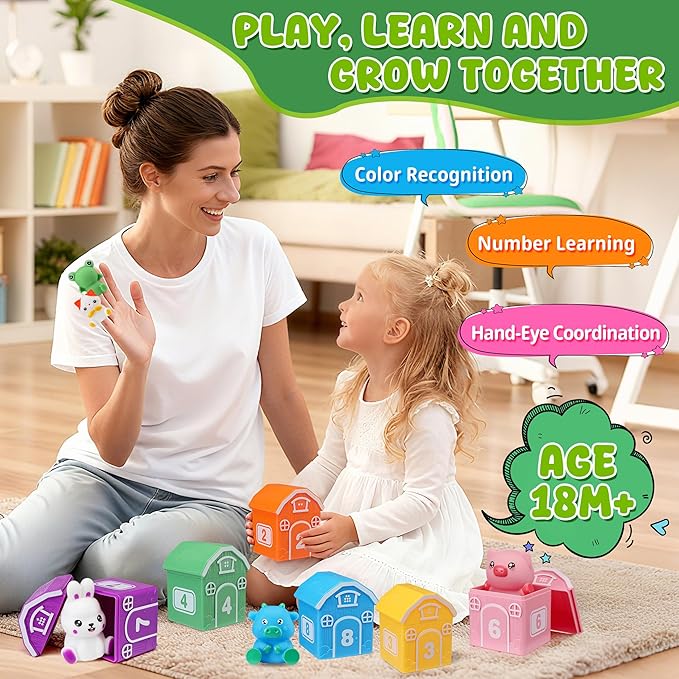 Montessori Toys for Toddlers, 20Pcs Farm Animal Toy Counting, Matching, Sorting Preschool Learning Toy Barn Toy including 10 Barns,10 Finger Puppets and 2 Stickers Birthday Gift Baby Boys Girls