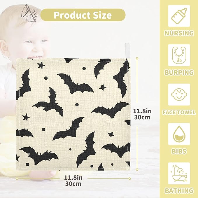 Burbuja Flying Bats Baby Washcloths - Muslin Cotton Soft Absorbent Baby Towel for Newborn Baby Sensitive Skin - Baby Essential Item, 12x12 in, 3 Pack