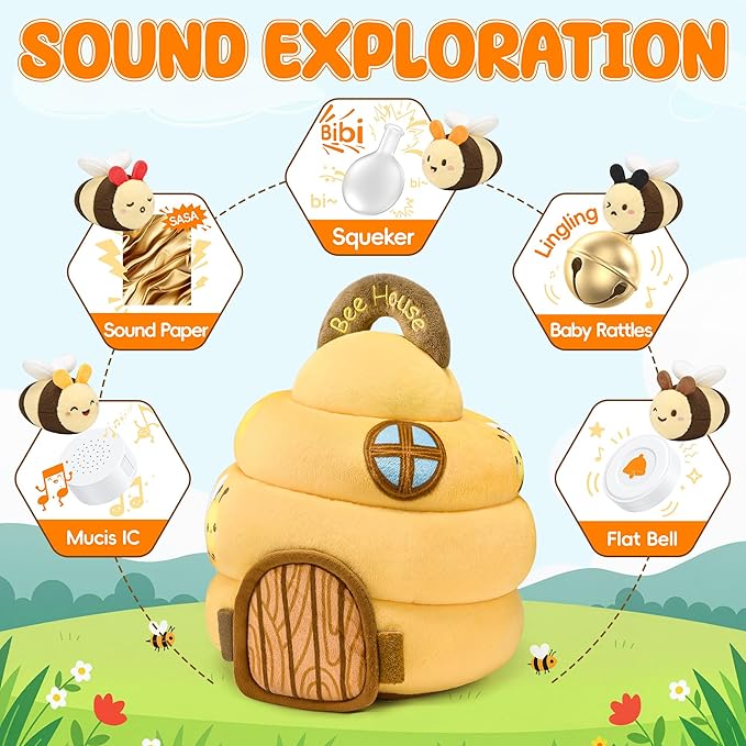 Baby Toys 6-12 Months - Beehive Infant Toy with 5 Sensory Bees Stuffed Animals, Crinkle, Rattle, Mirror & Music, Montessori Toys for 6 7 8 9 10 11 12 Month Old Baby Boys Girls Birthday Christmas Gift