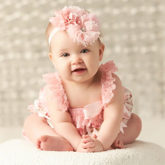 My Lello Headband Shabby Fabric Flower Cluster Baby - Infant - Toddler - Girl Stretchy Elastic White/Hot Pink Chevron
