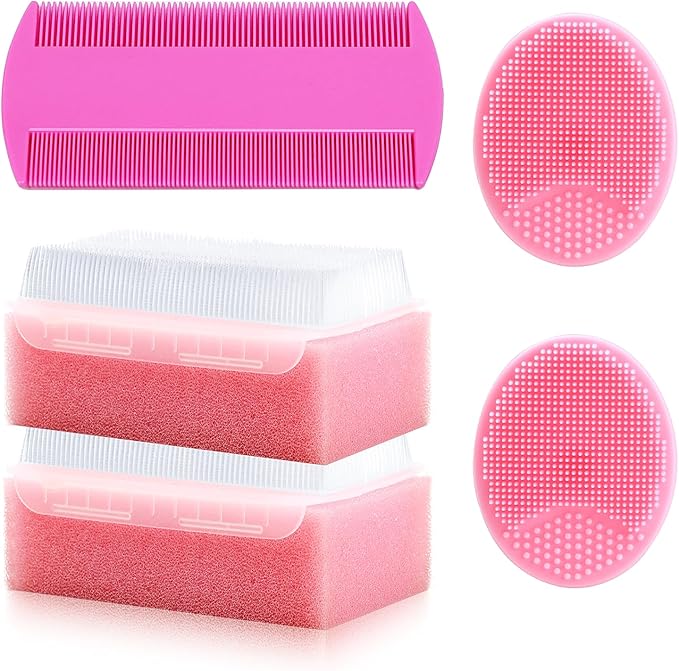 Cradle Cap Brush for Babies, 5Pcs Cradle Cap Treatment Set with Soft Bristle Brushes Silicone Scrubber Fine-Tooth Comb for Newborn Bathing Essentials Baby Brush and Comb Set (Pink)