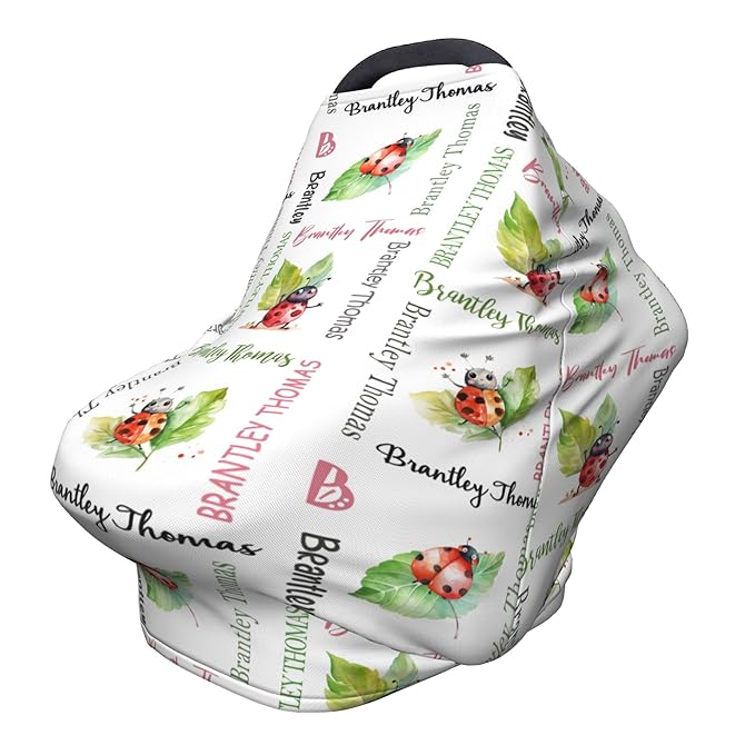 Personalized Baby Car Seat Cover with Name Stroller Canopy Custom Ladybug Carseat Cover Newborn Baby Boy Girl Nursing Cover for Moms First Birthday Gift
