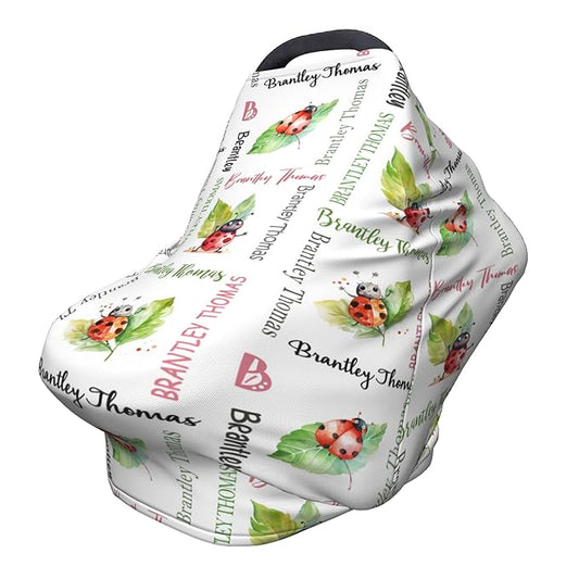 Personalized Baby Car Seat Cover with Name Stroller Canopy Custom Ladybug Carseat Cover Newborn Baby Boy Girl Nursing Cover for Moms First Birthday Gift