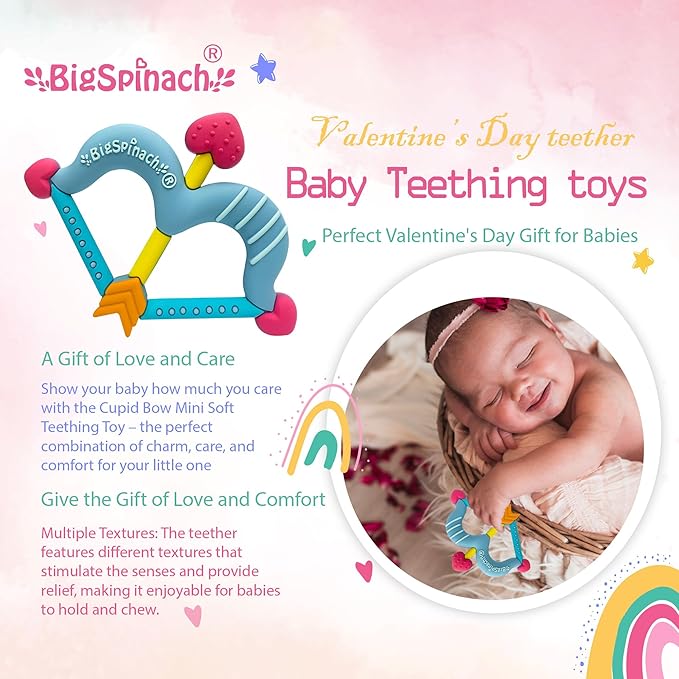 BIGSPINACH Teethers Heart Shape Silicone Baby Teether Toy Easy for Little Hands to Hold,Cupid Bow and Arrow Soft Teething Toy for Infants,Valentine's Gift for Girl or Boy (Blue)