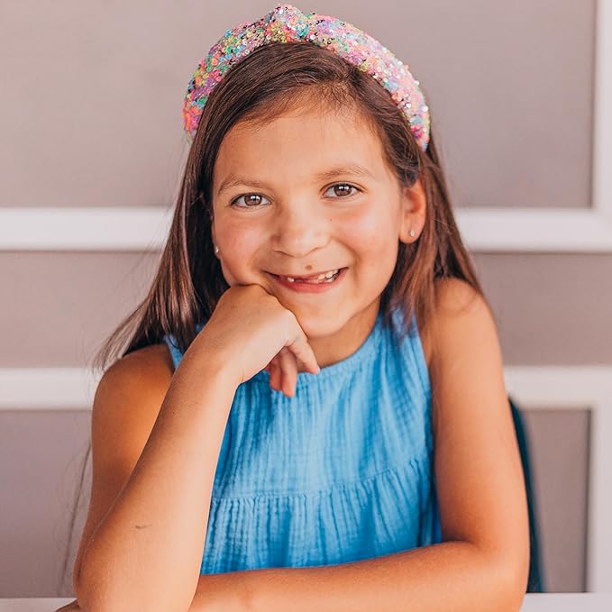 FROG SAC Knotted Headbands for Girls - Rainbow Sequin Knot Head Bands for Kids, Sparkly Toddler Headband, Sparkle Beaded Hair Band Accessories, Easter Basket Fillers Stocking Stuffers