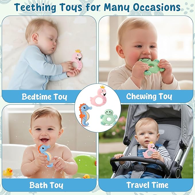 Silicone Teething Toy for Babies - 2ooya 3Pcs Summer Ocean Animal Themed Soft Teether, Infant BPA Free Sore Gums Pain Teething Relief Chew Toy Gift for Toddler Newborn 6-12 Months Baby Shower Birthday