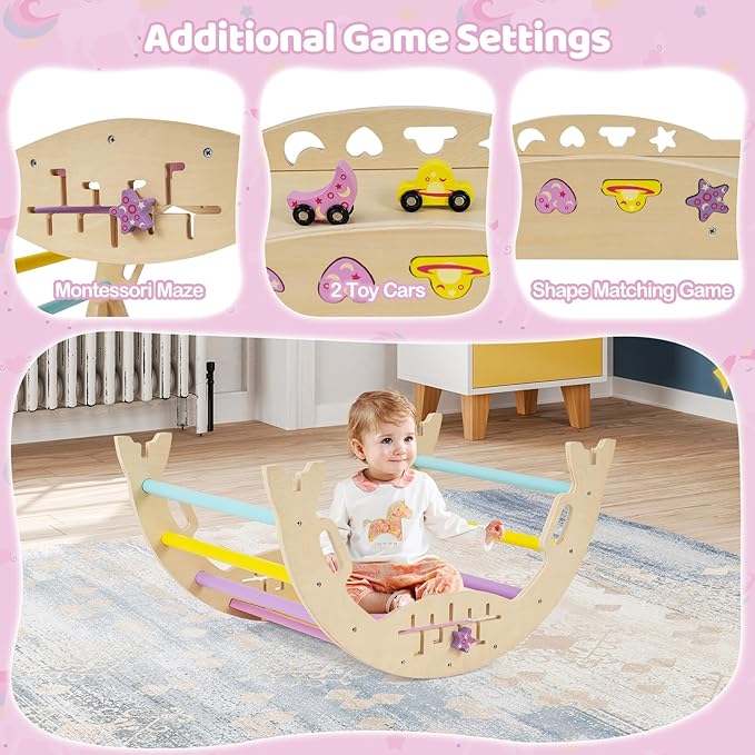 Costzon Pikler Triangle Set, 9-in-1 Foldable Baby Climbing Toys, Wood Montessori Climbing Set for Learning and Motor Skills, Indoor Playground Jungle Gym for Toddlers 3+ Climber Gifts (Pink)