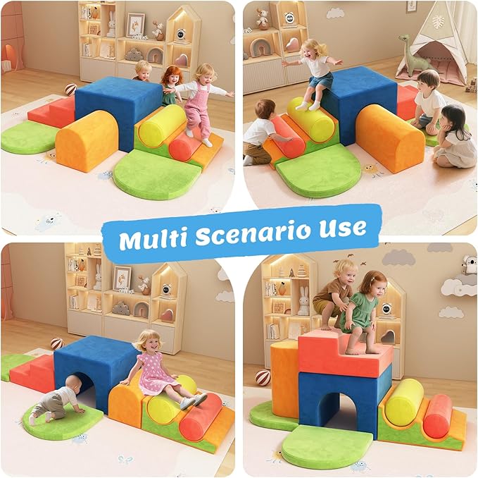 12-Piece Foam Climbing Blocks for Toddlers 1-3, Toddler Climbing Toys Indoor Soft Play Set, Kids Foam Climb Blocks with Tunnel, Steps, Rollers for Crawling, Montessori Indoor Play Gym