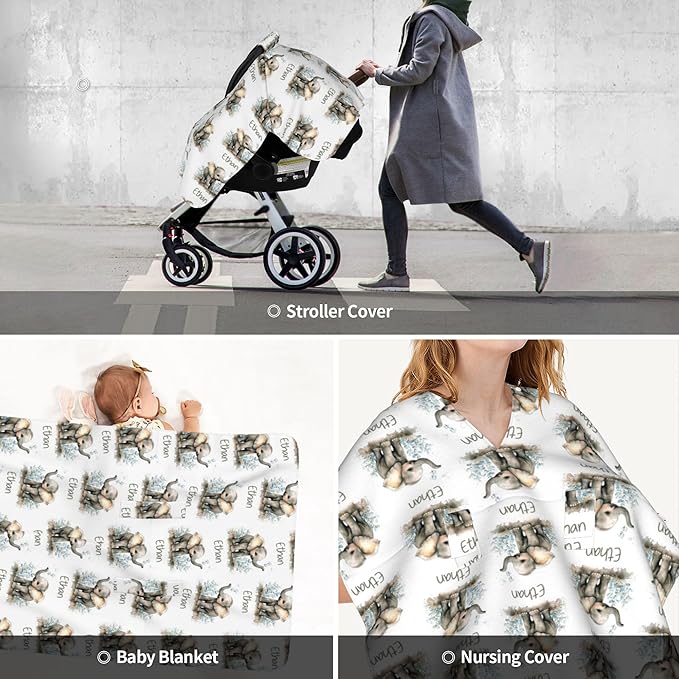Personalized Winter Carseat Cover for Baby Custom Name Car Seat Canopy for Newborn Baby Boys Girls 2 in 1 Mom Nursing Breastfeeding Covers Elephant Minky Baby Carrier Stroller Covers