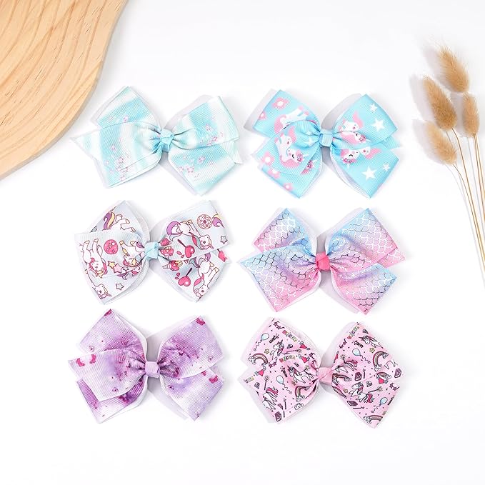 24PCS 4.5Inch Bows for Girls Boutique Grosgrain Ribbon Rainbow Hair Bow Alligator Hair Clips Pigtail Bows Unicorn Hair Clips for Baby Girls Toddler Kids Children Teens in Pairs