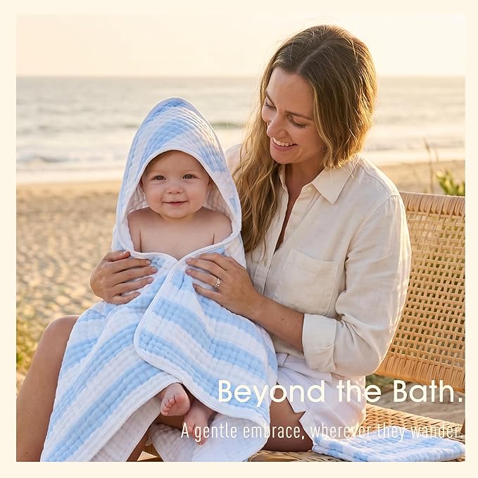 Muslin Hooded Baby Towel 4 Pack, 100% Organic Premium Cotton, (2) 6-Layer 32x32 Bath Towels & (2) Washcloths, Soft Newborn & Infant Gift Set (Blue Stripe & White)