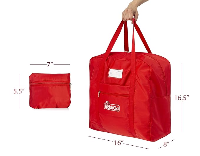 KiddiGo Booster Seat Travel Bag for Airplane, Red, 17" H x 16.5" W x 9.5" D, Fits Most Backless Booster Seats, Easy to Carry with Luggage Handle, Durable Zippers & Front Small Pocket