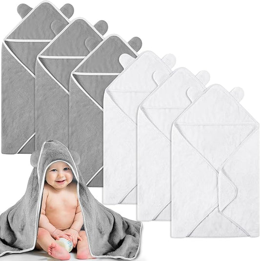 Lounsweer 6 Pieces Baby Bath Towels 30 x 30 Inch Hooded Toddler Towel Bath Blanket Absorbent Coral Fleece Hooded for Toddler Infant Newborn Shower Gift Supplies(White, Gray)