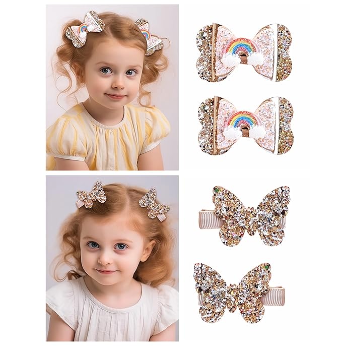 New Glitter Gold Bows Hair Clip For Girls, Baby Girl Toddler Clips, Hair Accessories.(FJ98) (4 Pcs Gold)