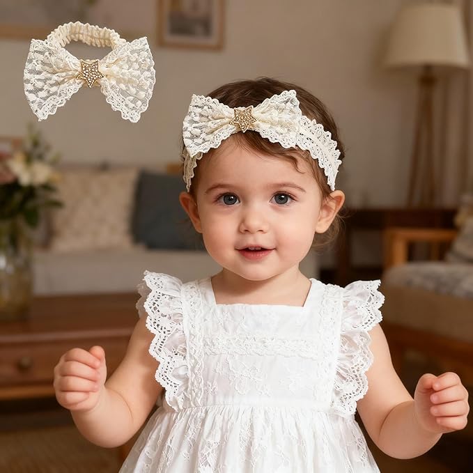 Handmade Baby Girl Headbands in Beige Baby Bows and Floral Lace Headband Bows for Newborns and Toddlers Cute Baby Girl Bows and Newborn Headband Bows