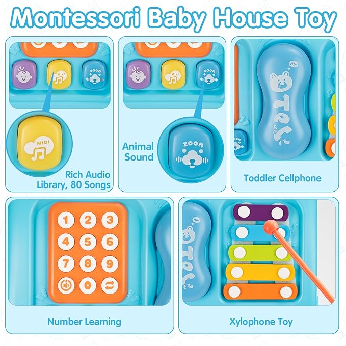 Montessori Toys for 1 Year Old, Baby Music Toys for 1 Year Old Girl Gift, 12-in-1 Musical House Toddler Learning Toy for 1 2 3 Ages, First Birthday Gifts for Girls and Boys, Educational Toy, (Blue)