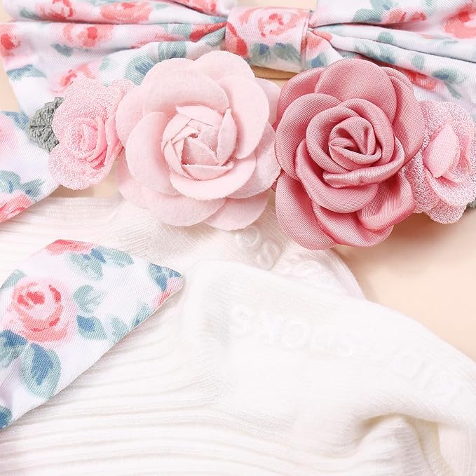 cherrboll Baby Girl Headbands and Socks Set, 3Pcs Soft Floral Hairbands Hair Bows Knit Socks for Newborn Infants Toddlers Photography Props Gifts