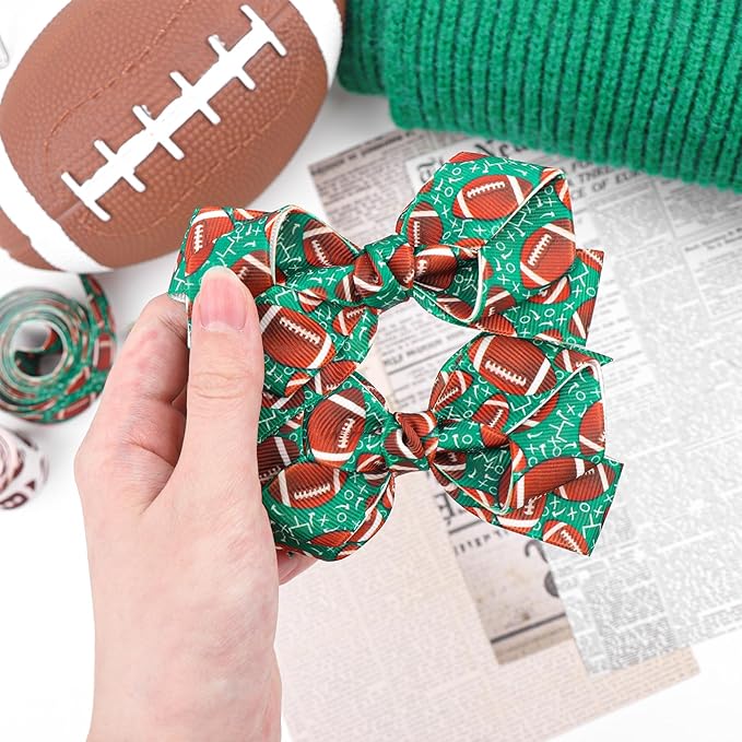 YanJie 2pcs 4'' Football Hair Bows Clips Glitter Ribbon Rugby Hair Clips Green Sports Theme Party Hair Accessories Baby Girl Football Outfit