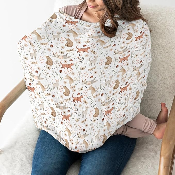 Cute Cat Boho Floral Leaves Baby Car Seat Covers Fun Kittens Meadow Butterflies Stretchy 5-in-1 Cover Adjustable Infant Carseat Canopy Cover Cats Lover Gift Breathable Nursing Cover-Up