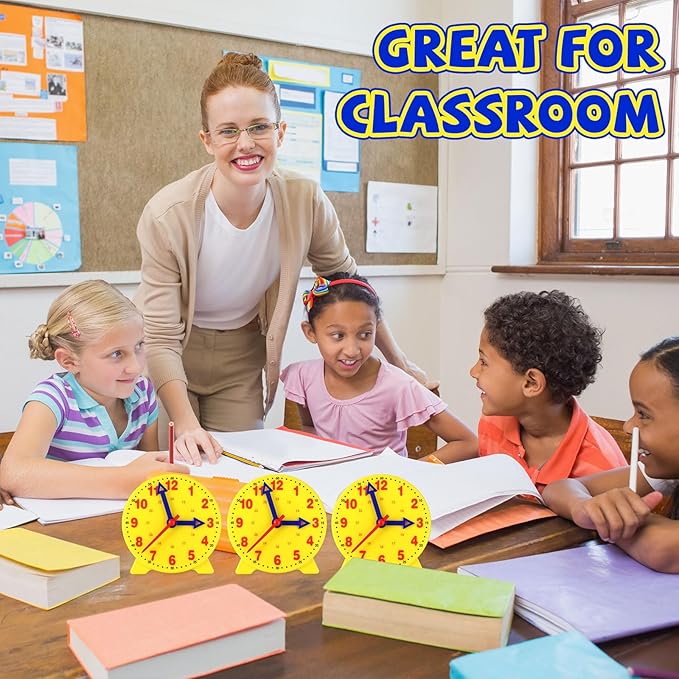 Batiyeer 24 Pcs Teaching Clock Kit for Kids to Tell Time Teaching Mini Geared Clock for Kids Basic Math Development Teacher and Classroom Supplies, 4 Inch(Yellow)