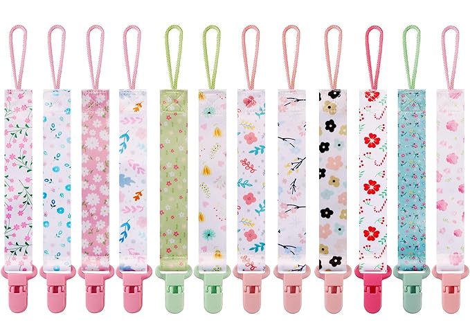 12 Pack Floral Baby Pacifier Clip for Girls, Cute Flower Printed Pacifier Holder, Sweet Stylish Design, Secure Clip, Lovely Baby Girl Gift