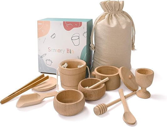 Montessori Sensory Bin Toys for 1 Year Old Toddlers, 11pcs Wooden Waldorf Toys - Wooden Scoops and Tongs for Transfer Work and Fine Motor Skills Development