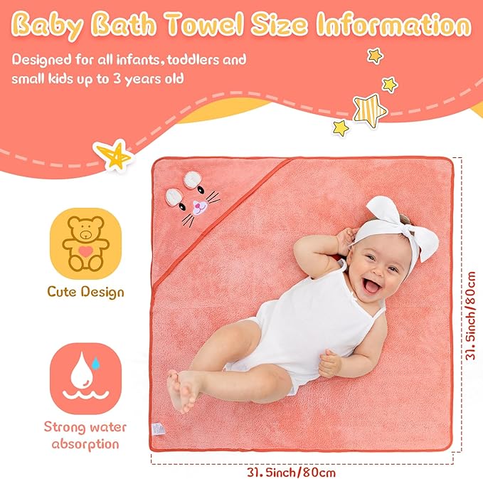 Preboun 4 Pcs Baby Bath Towel 31.5 x 31.5 Inch Coral Fleece Baby Hooded Towel Absorbent Soft Babys Towels for Newborn Cartoon Animal Hooded Bath Blanket for Kids Newborn Shower(Classic Color,Style A)