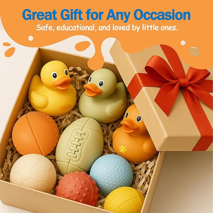 Baby Bath Toys 6-12 Months, 9 Pcs Wheat Straw Sensory Balls & Ducks, No Hole Floating Toddler Bath Toys, for Boys & Girls 1-3, Textured Squeeze Stress Relief Montessori Set