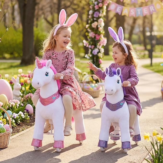 PonyCycle Ride on Unicorn Toys for Girls Pony Riding Pink Unicorn Rocking Horse (with Brake/ 35.4" Height/Size 4 for Age 4-7) Ride-on Animals Plush Pony Toys Birthday Gifts E412